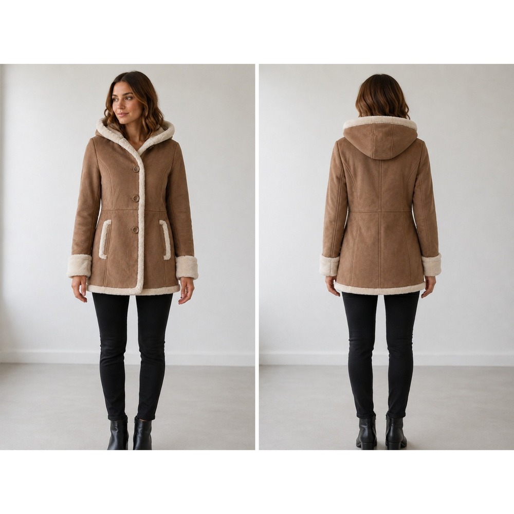 DETAILS INTL Womens Faux Suede Shearling Hooded Coat Brown Tan Large